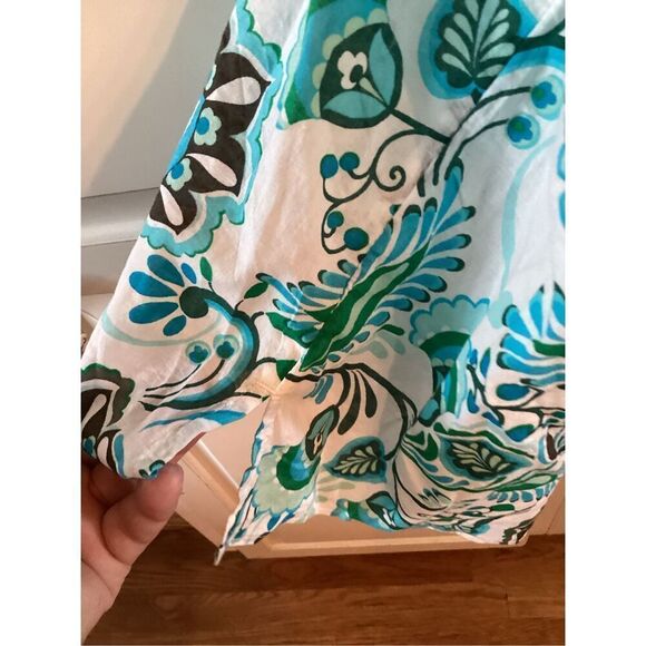 Talbots Plus Paisley Top Blouse Sz 3X Ruffled Square Neck Sleeve Blue Green - Picture 4 of 9